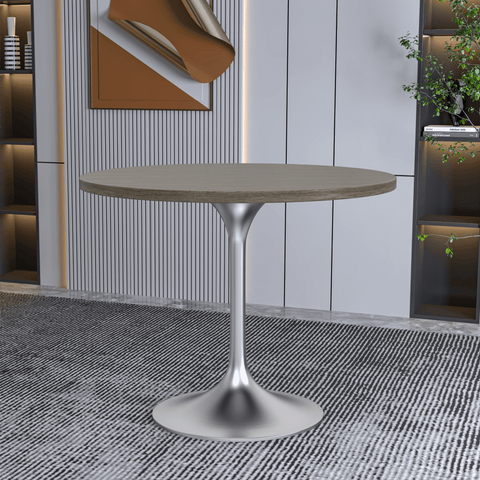 Verve Round Dining Table with MDF/Sintered Stone/Resin Tabletop in Silver Stainless Steel Pedestal Base
