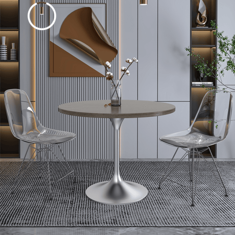 Verve Round Dining Table with MDF/Sintered Stone/Resin Tabletop in Silver Stainless Steel Pedestal Base