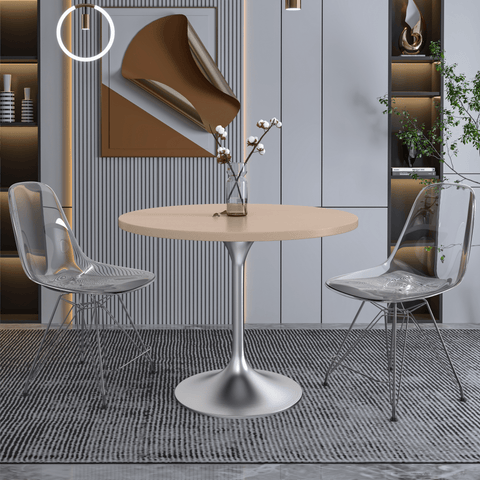 Verve Round Dining Table with MDF/Sintered Stone/Resin Tabletop in Silver Stainless Steel Pedestal Base