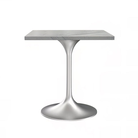 Verve Square Dining Table with a Laminated White Marbleized Tabletop and White/Black/Silver/Gold Steel Pedestal Base