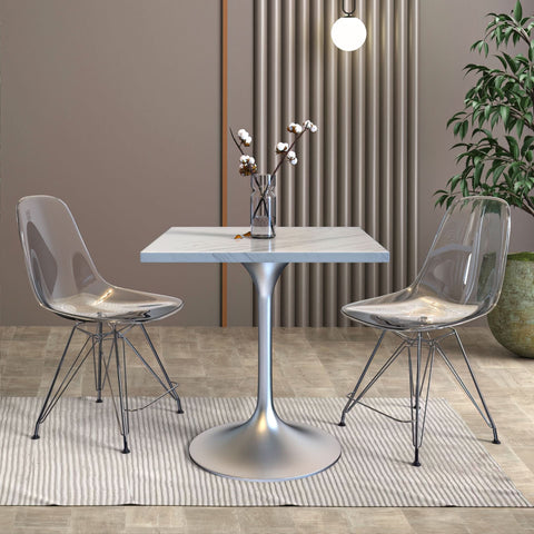 Verve Square Dining Table with a Laminated White Marbleized Tabletop and White/Black/Silver/Gold Steel Pedestal Base