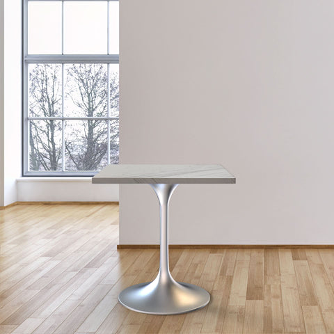 Verve Square Dining Table with a Laminated White Marbleized Tabletop and White/Black/Silver/Gold Steel Pedestal Base