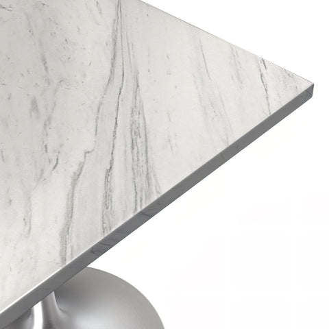 Verve Square Dining Table with a Laminated White Marbleized Tabletop and White/Black/Silver/Gold Steel Pedestal Base