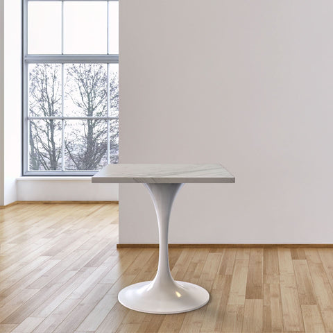 Verve Square Dining Table with a Laminated White Marbleized Tabletop and White/Black/Silver/Gold Steel Pedestal Base