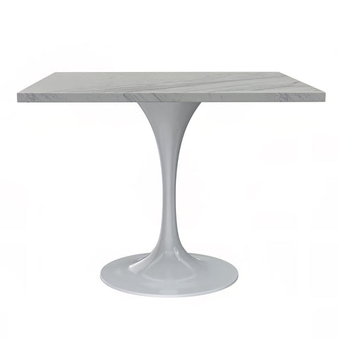 Verve Square Dining Table with a Laminated White Marbleized Tabletop and White/Black/Silver/Gold Steel Pedestal Base