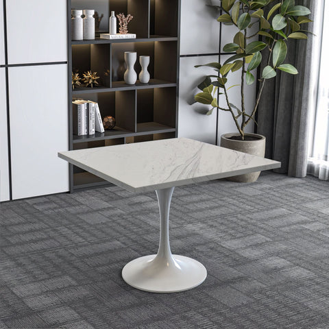 Verve Square Dining Table with a Laminated White Marbleized Tabletop and White/Black/Silver/Gold Steel Pedestal Base