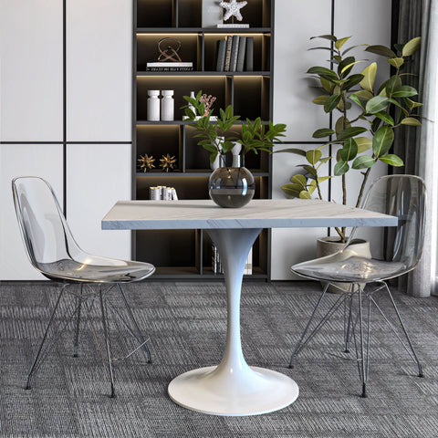 Verve Square Dining Table with a Laminated White Marbleized Tabletop and White/Black/Silver/Gold Steel Pedestal Base