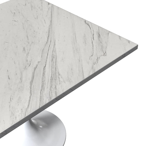 Verve Square Dining Table with a Laminated White Marbleized Tabletop and White/Black/Silver/Gold Steel Pedestal Base