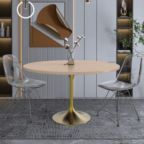 Verve Round Dining Table with MDF/Sintered Stone/Resin Tabletop in Gold Stainless Steel Pedestal Base