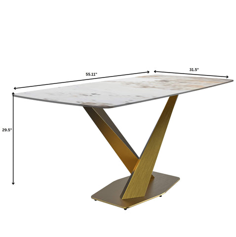 LeisureMod Voren Mid-Century Modern Dining Table with Rectangular Tabletop with Gold Stainless Steel Base