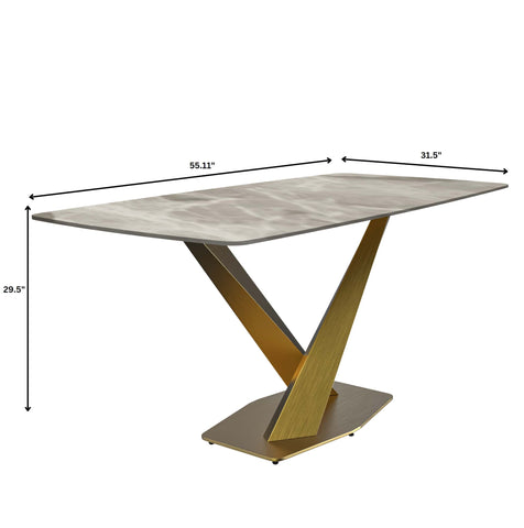 LeisureMod Voren Mid-Century Modern Dining Table with Rectangular Tabletop with Gold Stainless Steel Base