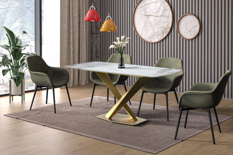 LeisureMod Voren Mid-Century Modern Dining Table with Rectangular Tabletop with Gold Stainless Steel Base