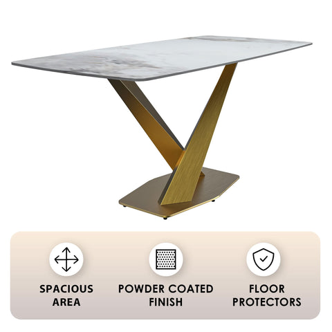 LeisureMod Voren Mid-Century Modern Dining Table with Rectangular Tabletop with Gold Stainless Steel Base