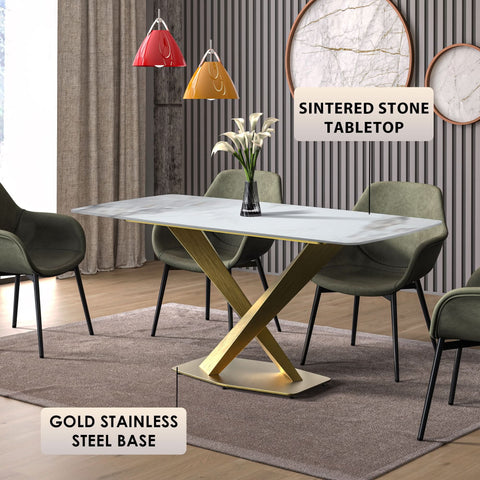 LeisureMod Voren Mid-Century Modern Dining Table with Rectangular Tabletop with Gold Stainless Steel Base