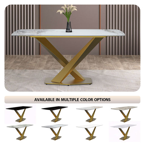 LeisureMod Voren Mid-Century Modern Dining Table with Rectangular Tabletop with Gold Stainless Steel Base