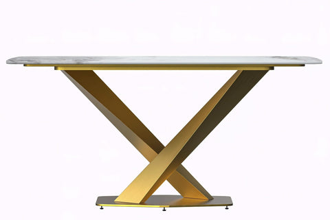 LeisureMod Voren Mid-Century Modern Dining Table with Rectangular Tabletop with Gold Stainless Steel Base