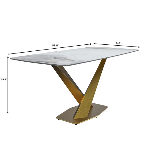 LeisureMod Voren Mid-Century Modern Dining Table with Rectangular Tabletop with Gold Stainless Steel Base