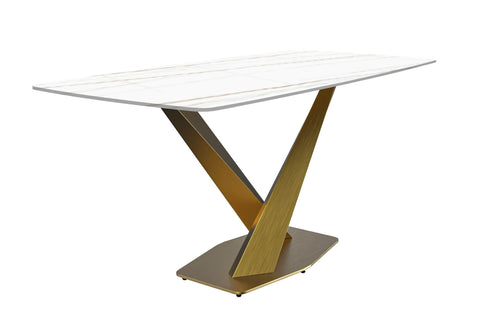 LeisureMod Voren Mid-Century Modern Dining Table with Rectangular Tabletop with Gold Stainless Steel Base