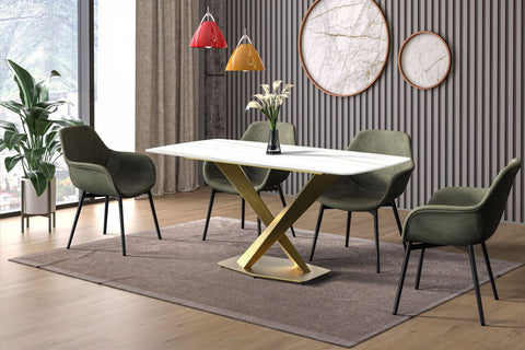 LeisureMod Voren Mid-Century Modern Dining Table with Rectangular Tabletop with Gold Stainless Steel Base