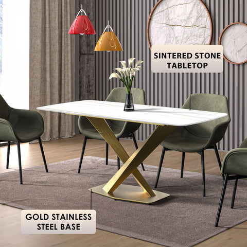 LeisureMod Voren Mid-Century Modern Dining Table with Rectangular Tabletop with Gold Stainless Steel Base