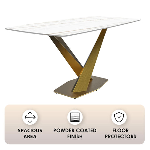 LeisureMod Voren Mid-Century Modern Dining Table with Rectangular Tabletop with Gold Stainless Steel Base