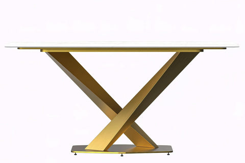 LeisureMod Voren Mid-Century Modern Dining Table with Rectangular Tabletop with Gold Stainless Steel Base