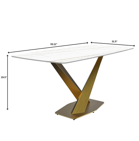 LeisureMod Voren Mid-Century Modern Dining Table with Rectangular Tabletop with Gold Stainless Steel Base