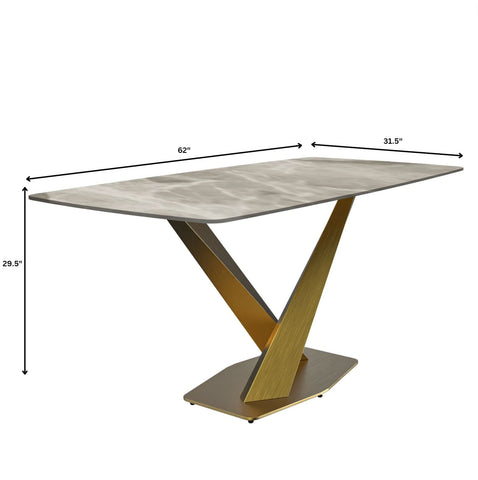 LeisureMod Voren Mid-Century Modern Dining Table with Rectangular Tabletop with Gold Stainless Steel Base