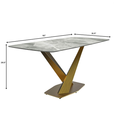 LeisureMod Voren Mid-Century Modern Dining Table with Rectangular Tabletop with Gold Stainless Steel Base