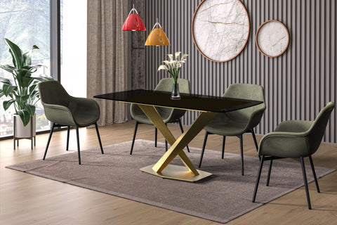 LeisureMod Voren Mid-Century Modern Dining Table with Rectangular Tabletop with Gold Stainless Steel Base