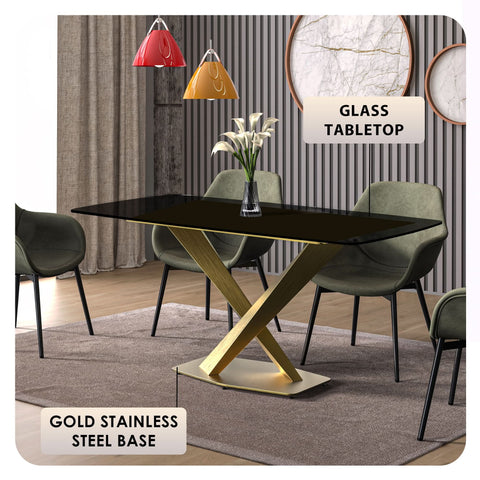 LeisureMod Voren Mid-Century Modern Dining Table with Rectangular Tabletop with Gold Stainless Steel Base