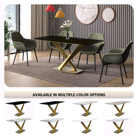 LeisureMod Voren Mid-Century Modern Dining Table with Rectangular Tabletop with Gold Stainless Steel Base