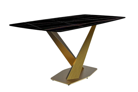 LeisureMod Voren Mid-Century Modern Dining Table with Rectangular Tabletop with Gold Stainless Steel Base