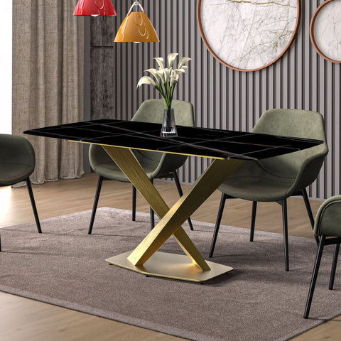 LeisureMod Voren Mid-Century Modern Dining Table with Rectangular Tabletop with Gold Stainless Steel Base