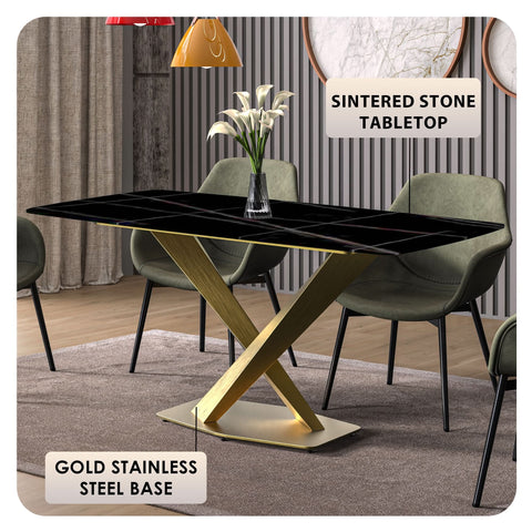 LeisureMod Voren Mid-Century Modern Dining Table with Rectangular Tabletop with Gold Stainless Steel Base