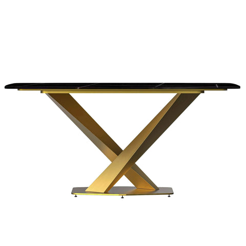 LeisureMod Voren Mid-Century Modern Dining Table with Rectangular Tabletop with Gold Stainless Steel Base