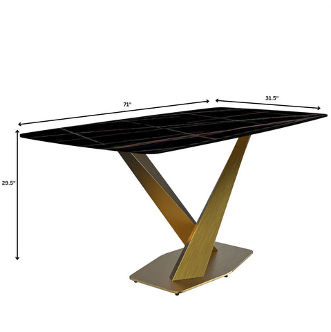 LeisureMod Voren Mid-Century Modern Dining Table with Rectangular Tabletop with Gold Stainless Steel Base