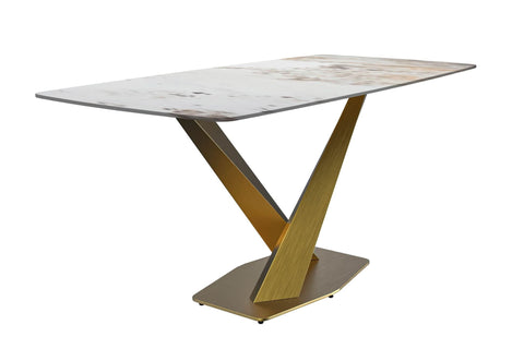 LeisureMod Voren Mid-Century Modern Dining Table with Rectangular Tabletop with Gold Stainless Steel Base