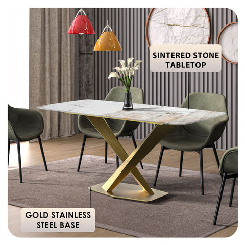 LeisureMod Voren Mid-Century Modern Dining Table with Rectangular Tabletop with Gold Stainless Steel Base