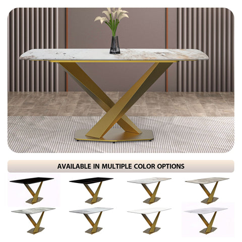 LeisureMod Voren Mid-Century Modern Dining Table with Rectangular Tabletop with Gold Stainless Steel Base