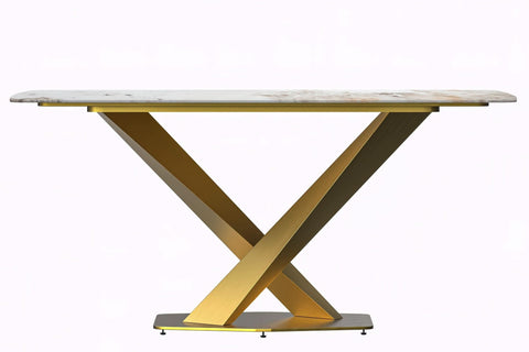 LeisureMod Voren Mid-Century Modern Dining Table with Rectangular Tabletop with Gold Stainless Steel Base