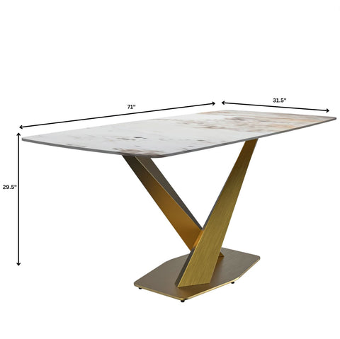 LeisureMod Voren Mid-Century Modern Dining Table with Rectangular Tabletop with Gold Stainless Steel Base