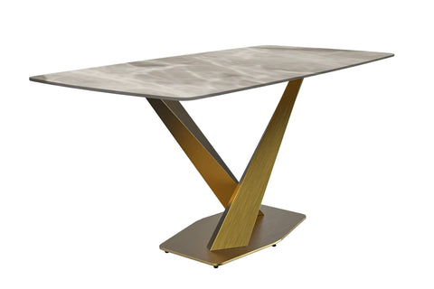 LeisureMod Voren Mid-Century Modern Dining Table with Rectangular Tabletop with Gold Stainless Steel Base