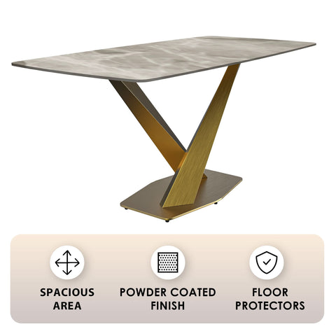 LeisureMod Voren Mid-Century Modern Dining Table with Rectangular Tabletop with Gold Stainless Steel Base