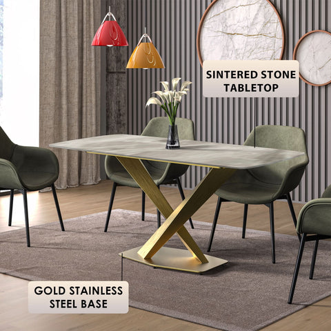 LeisureMod Voren Mid-Century Modern Dining Table with Rectangular Tabletop with Gold Stainless Steel Base