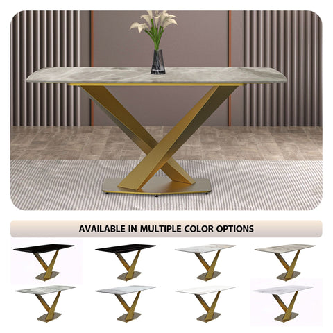 LeisureMod Voren Mid-Century Modern Dining Table with Rectangular Tabletop with Gold Stainless Steel Base