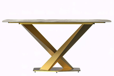 LeisureMod Voren Mid-Century Modern Dining Table with Rectangular Tabletop with Gold Stainless Steel Base