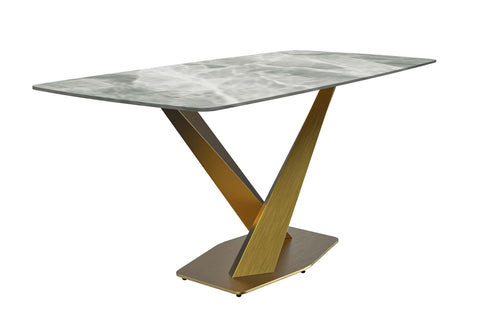 LeisureMod Voren Mid-Century Modern Dining Table with Rectangular Tabletop with Gold Stainless Steel Base