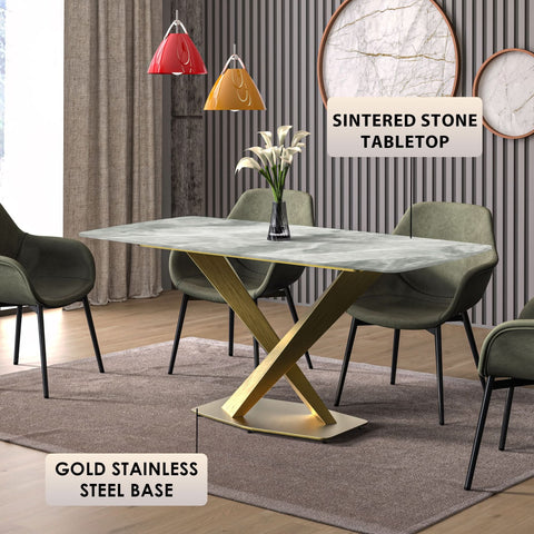 LeisureMod Voren Mid-Century Modern Dining Table with Rectangular Tabletop with Gold Stainless Steel Base