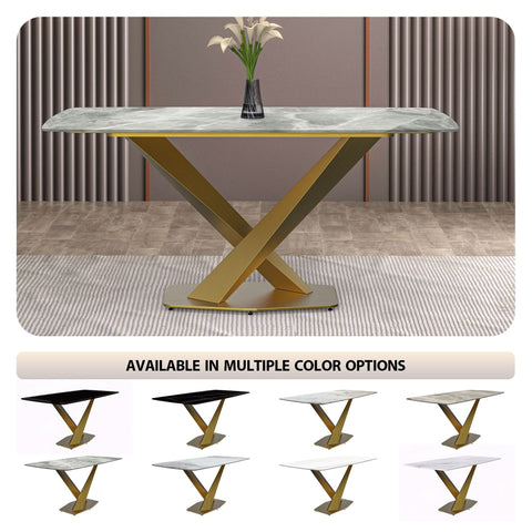 LeisureMod Voren Mid-Century Modern Dining Table with Rectangular Tabletop with Gold Stainless Steel Base